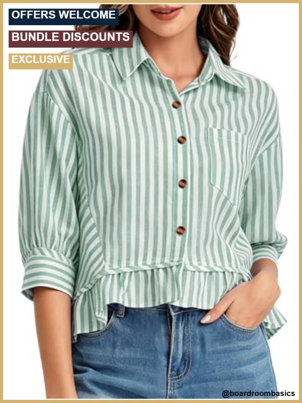 Cotton Cropped Button Down Ruffle Hem 3/4 Sleeve Striped Blouse